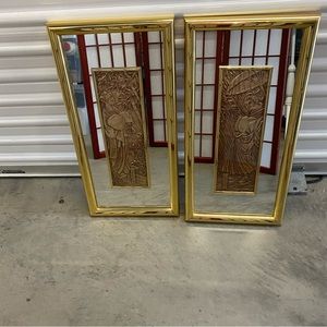 Pair Of Vintage Hollywood Regency Mid Century Modern Samurai Geisha Mirrored Art